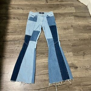 Hollister Women’s Patchwork Flare Jeans Multi-Blue Sz 5R W27 L31 Frayed Hem